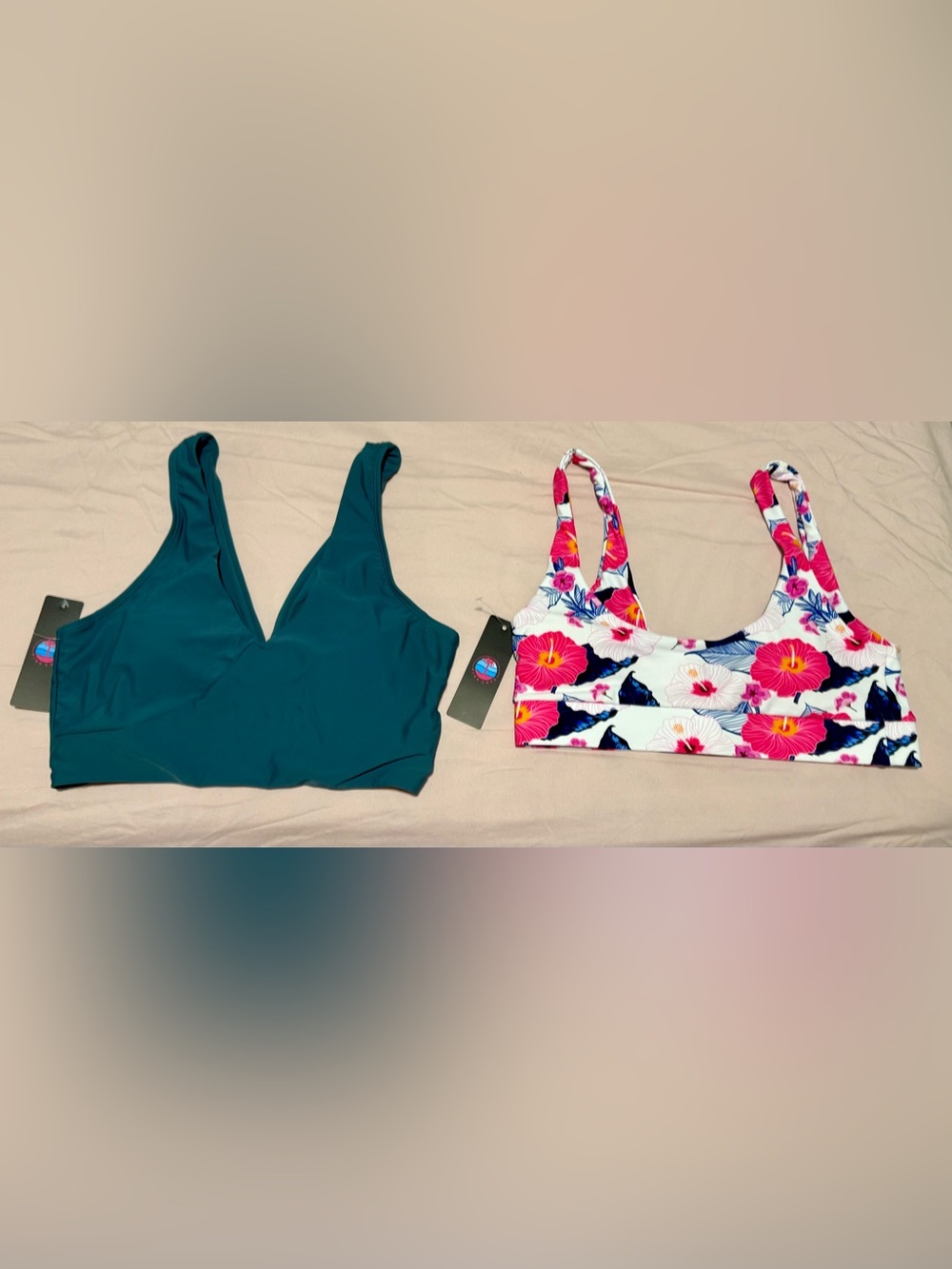 Pink Cove, NWT, Set of 2 Bikini Tops, S, Teal V‑Neck & Floral